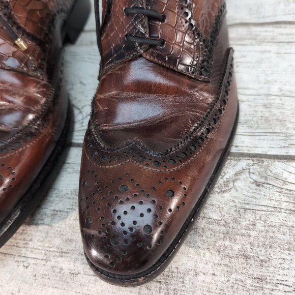 Lehato Brown Embossed Leather Wingtip Brogue Lace-Up Boots – Men’s US 7.5–8 - Picture 3 of 11